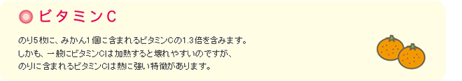 ビタミンC のり5枚に、みかん1個に含まれるビタミンCの1.3倍を含みます。しかも、一般にビタミンCは加熱すると壊れやすいのですが、のりに含まれるビタミンCは熱に強い特徴があります。