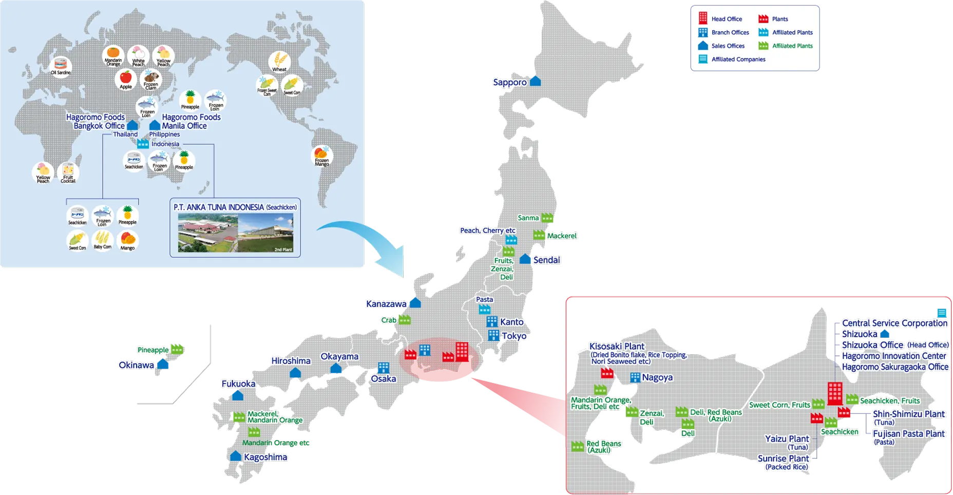 Map of Hagoromo Foods&rsquo; manufacturing and sales networks