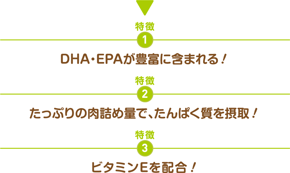 特徴1DHA・EPAが豊富に含まれる！特徴2たっぷりの肉詰め量で、たんぱく質を摂取！特徴3ビタミンEを配合！