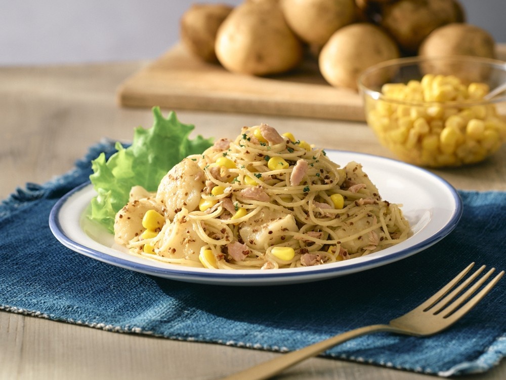 シーチキンとシャキッと！コーンのポテサラスパ