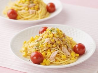 お湯ポチャレシピシーチキンとコーンの和風パスタ(備えレシピ)